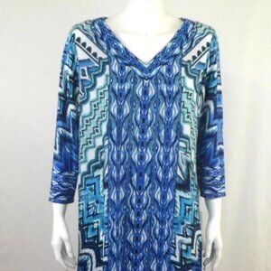 NWT Wisp Stitch Fix Jersey Dress Blue Geo Tribal V-Neck 3/4 Sleeve
